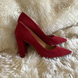 J Crew red suede chunky heel pumps. Size 10